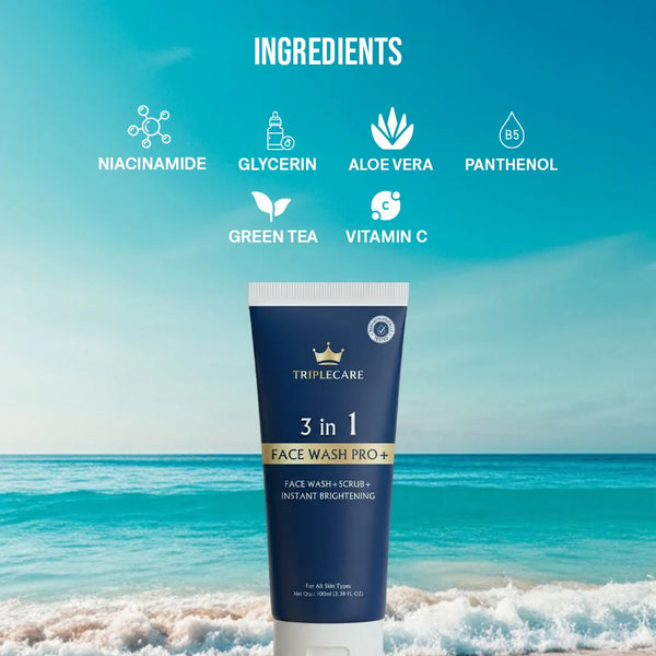Triplecare 3 in 1 Face Wash Pro+ tube with beach background and ingredient icons.