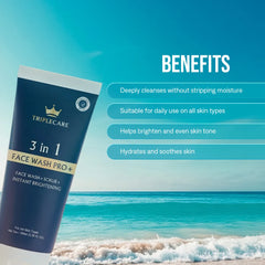 Triplecare 3 in 1 Face Wash Pro+ with beach background and benefits listed