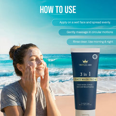 Person applying Triplecare face wash with a beach background and TripleCare product display.