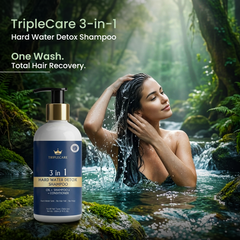 TripleCare 3-in-1 Hard Water Detox Shampoo bottle shown in the foreground against a lush forest stream backdrop with a woman washing her hair, plus marketing text at the top.