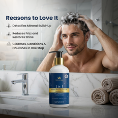 A man with wet hair and shampoo lather is shown in a bathroom while a bottle of TripleCare 3 in 1 Hard Water Detox Shampoo is displayed in the foreground on a marble countertop. Text on the left lists benefits like detoxifying mineral build-up and reducing frizz.