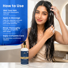 A woman with long, wet dark hair stands in a bathroom while using a pump bottle of TripleCare 3 in 1 Hair Care Shampoo placed on a counter in the foreground. A blue text panel on the left shows usage instructions: wet hair, apply and massage, rinse thoroughly, and enjoy complete care.
