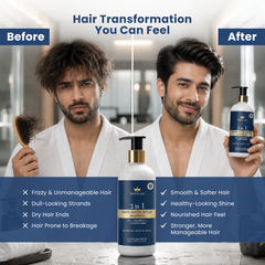 Before and after hair transformation comparison featuring a man in a white robe holding a hairbrush on the left and a bottle of hair product on the right. The product bottle labeled 'TripleCare 3 in 1' is shown in the foreground with text overlays detailing hair benefits.