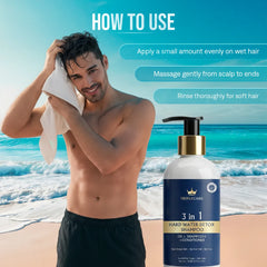 Man with towel on head next to a bottle of 3-in-1 hard water detox shampoo by the beach.