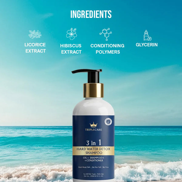 Bottle of 3-in-1 hard water detox shampoo with ingredients listed against a beach background