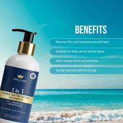 Triplecare 3-in-1 hard water detox shampoo bottle with beach background and benefits listed.