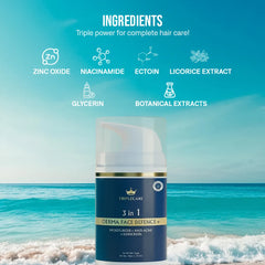 Cosmetic product with ingredients listed against a beach background