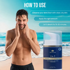 Man applying skincare product with beach background and TripleCare cream packaging.