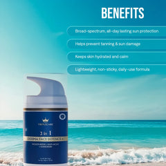 Blue skincare product with beach background and text listing benefits