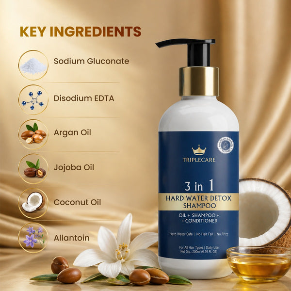 Triplecare 3 in 1 Hard Water Detox Shampoo bottle with pump dispenser, shown on a gold satin background with ingredient callouts including Sodium Gluconate, Disodium EDTA, Argan Oil, Jojoba Oil, Coconut Oil, and Allantoin.