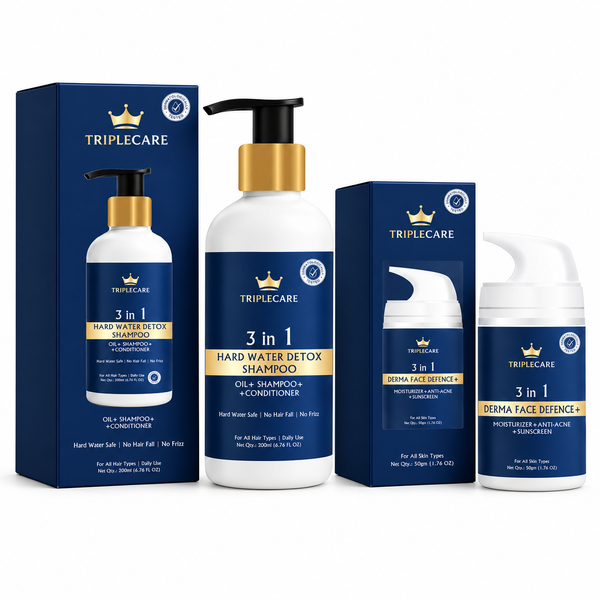 TripleCare Shampoo and Face Defence Set: 3 in 1 Hard Water Detox Shampoo 200 ml and 3 in 1 Derma Face Defence+ 50 g with their boxes