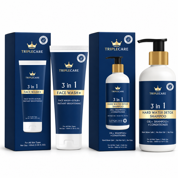 TripleCare Skincare and Haircare Set: 3 in 1 Face Wash+ 100 ml and 3 in 1 Hard Water Detox Shampoo 200 ml with their boxes